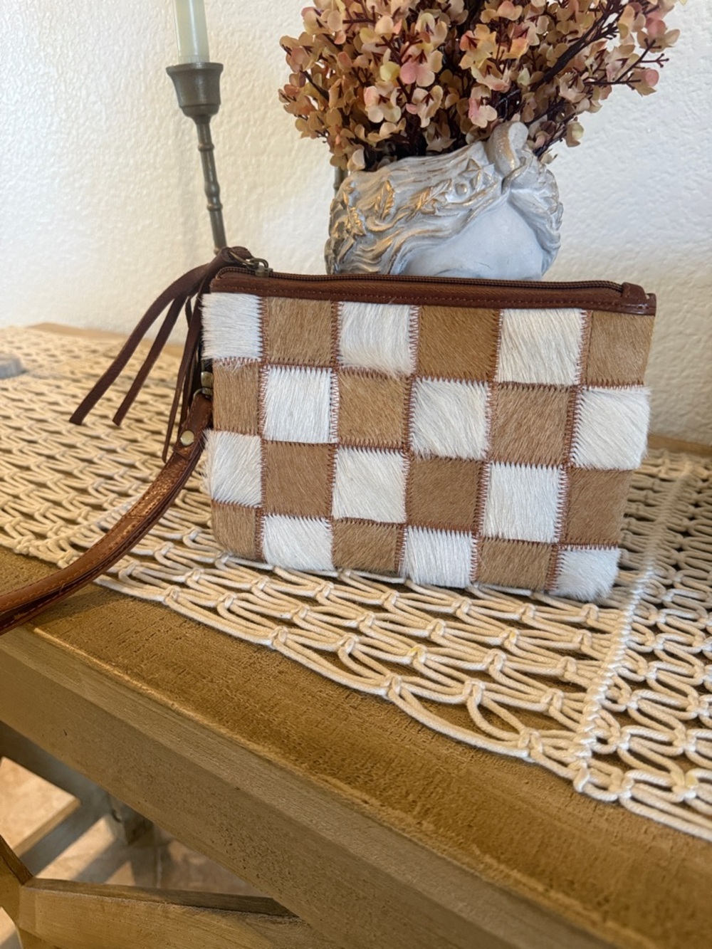 Stockdale Checkered Cowhide Wristlet Pouch - Picture 2 of 5